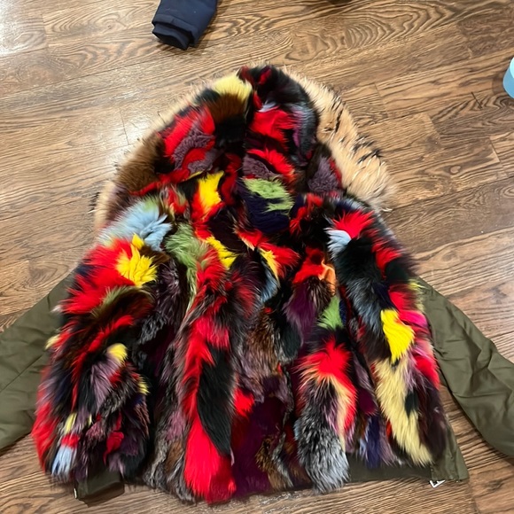 Rainbow real fur coat! Bomber jacket. Super warm